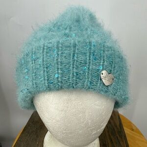Betsey Johnson sequined knit Pom Pom beanie hat OS
